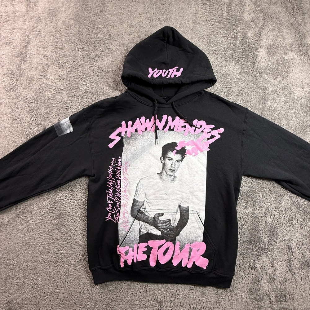 Shawn Mendes The Tour Hoodie M Black Pink Fleece Pullover Concert Merch Youth